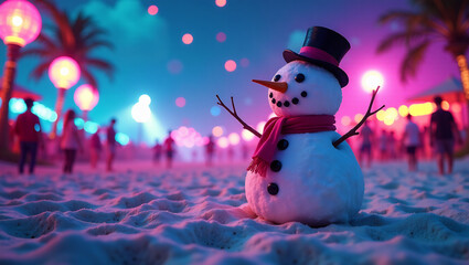 Techno Rave Cloud Snowman Partying on Neon Beach