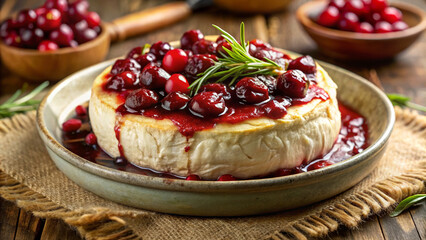 Baked brie cheese topped with cranberries and herbs, gourmet appetizer presentation