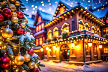 Fototapeta premium Festive Christmas Bokeh Lights Architectural Photography, Xmas Building Exterior, Holiday Season Cityscape, Sparkling Winter Nightscape