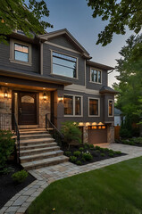 Luxury Modern Home Exterior at Dusk: Elegant Stone Facade, Landscaping, and Contemporary Design