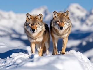 Fototapeta premium Two wolves walk through a snowy landscape, showcasing their thick fur and keen expressions against a backdrop of mountains.