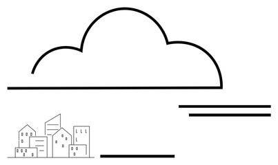 Simple cloud outline above urban building sketches with horizontal lines suggesting data flow. Ideal for tech, cloud storage, urban growth, modern services, innovation, connectivity, abstract line