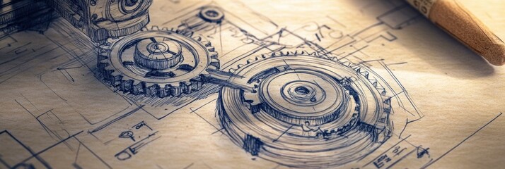 Fototapeta premium Intricate mechanical gear design sketch on paper showcasing engineering precision and creativity. Generative AI