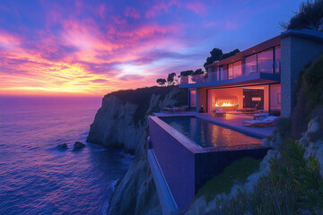 Sunset Island shore hotel on the very edge of the cliffs windows are glowing