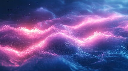 Fototapeta premium Glowing blue and pink abstract background with particles, lines, and light waves - a big data visualization concept. -
