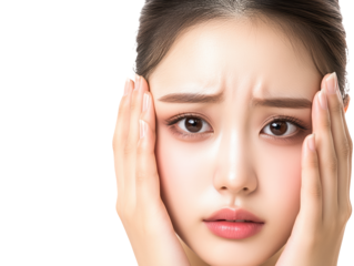 Woman's expressive portrait, hands on face conveying emotion, reflection, and inner thoughts