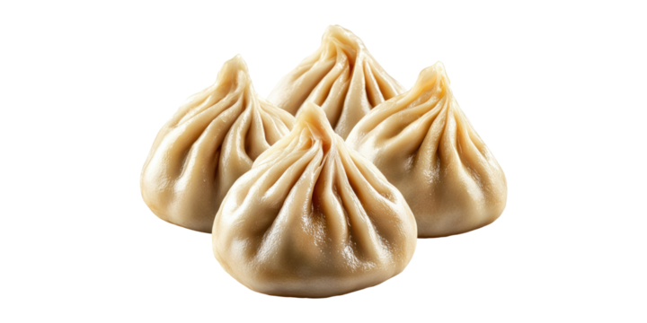 Four steamed dumplings with pleated wrapping isolated on transparent background