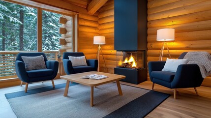Cozy Modern Cabin Interior with Natural Elements  Fireplace Seating Area