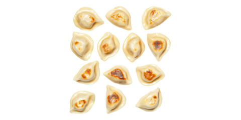 Twelve cooked dumplings arranged in rows isolated on transparent background