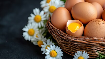 A rustic basket filled with brown eggs, one cracked open with a bright yolk, surrounded by cheerful daisies on a dark surface.