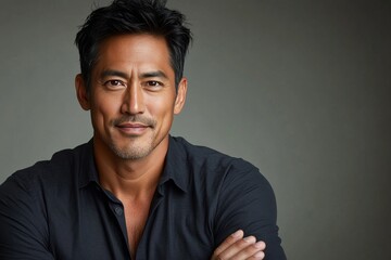 Fototapeta premium Confident man with crossed arms smiling against a neutral background in casual attire