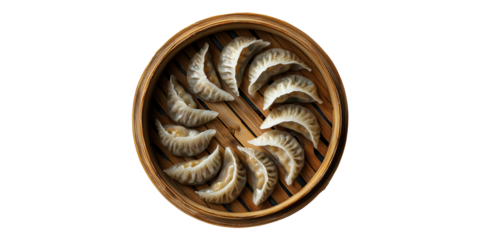 Traditional dumplings in bamboo steamer isolated on transparent background