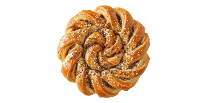 Braided round bread topped with seeds isolated on transparent background