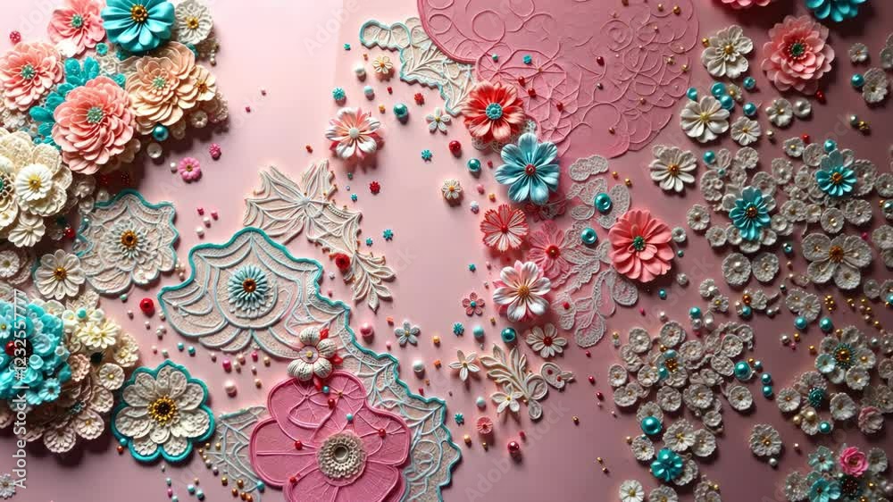 Poster a pink, orange, and blue lace with a bunch of buttons on it. the buttons are of different colors and