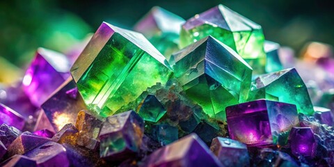 Gemstone photography captures a vibrant fluorite cluster's purple and green brilliance.