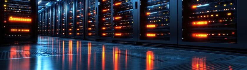 Obraz premium A row of computer servers in a data center with blinking lights and organized cabling