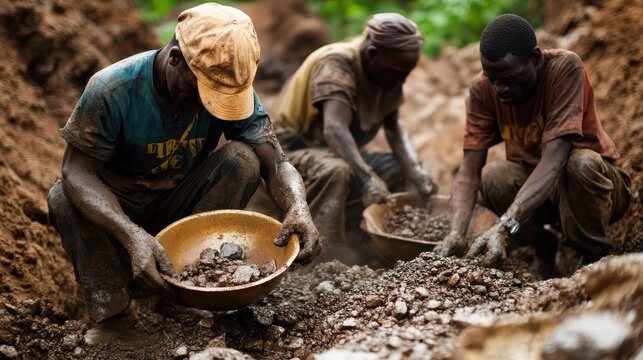 Artisanal Miners Sifting Through Soil for Rare Earth Minerals in Small Scale Manual
