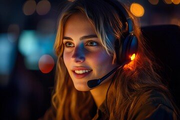 Young woman actively engaged in online gaming while wearing a headset in a dimly lit room filled with colorful lights