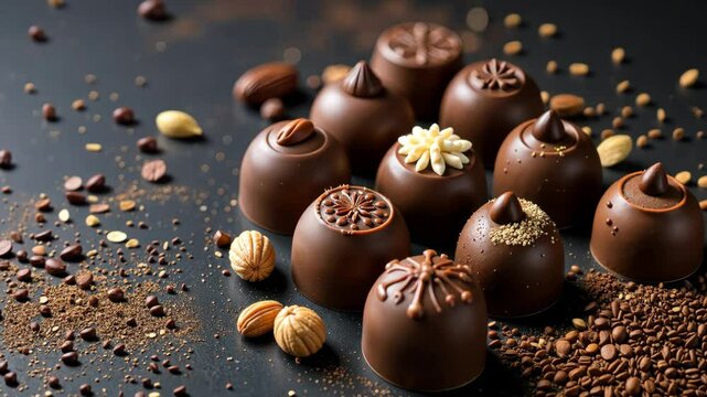A chocolate dessert with a bite taken out of it. There are many other chocolates on the table