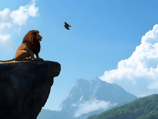 A humanoid creature with the lower body of a lion and the upper body of a hawk, perched on a cliff watching the horizon.


