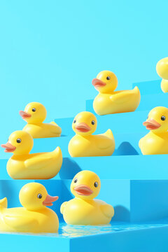 Playful rubber ducks on a vibrant blue stepped platform with creative composition