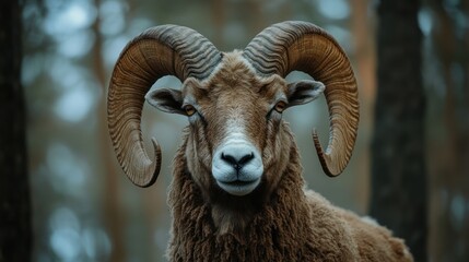 Obraz premium Majestic Ram in the Forest: A Portrait of Wild Beauty