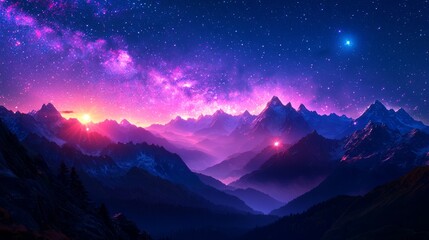Pink sunrise over majestic mountains, starry night sky, fantasy landscape, ideal for travel posters