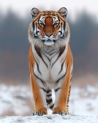 Naklejka premium Tiger Roams Serene Snowy Landscape Majestic Wildlife Encounter