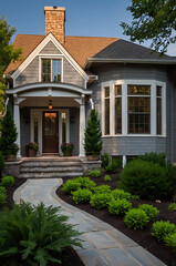 Obraz premium Luxury Gray Shingle House Exterior with Landscaped Garden and Stone Walkway
