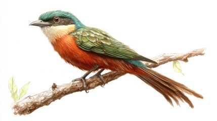 Fototapeta premium Colorful bird perched on branch, natural background, wildlife illustration