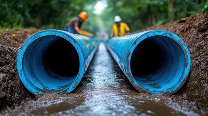 Rural pipeline installation, workers, trench, water, construction