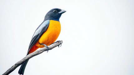 Fototapeta premium Colorful bird perched on branch, white background, nature photography, website use