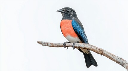 Naklejka premium Colorful bird perched on branch, white background, nature photography, wildlife