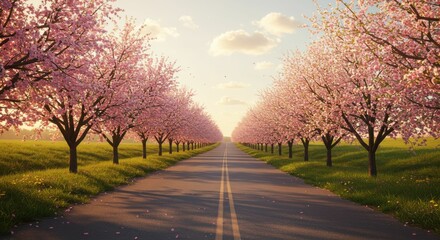 Fototapeta premium Scenic road lined with blooming cherry blossom trees at sunset