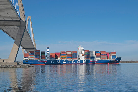 CMA CGM container ship Endurance, a Post Panamax class vessel, passes under Ravenel Bridge in Charleston Harbor, SC, USA on January 30, 2025.