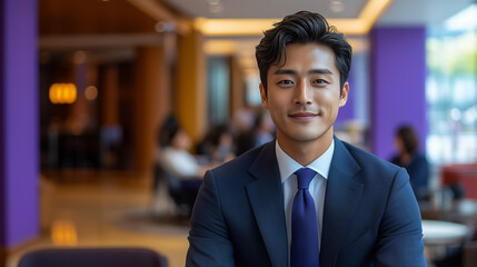 Fototapeta premium Professional man in suit smiles confidently while seated in modern office space with colleagues in background. Generative AI