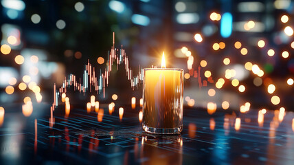 A glowing candle surrounded by flickering lights and digital graphs, representing a fusion of warmth and technology