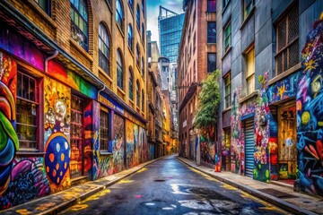 Naklejka premium High-depth-of-field reveals detailed city building murals, graffiti art, and paint signs in captivating street photography.