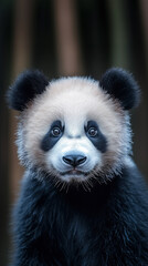 Fototapeta premium Captivating glimpse of a young panda bear in a serene forest setting with soft lighting. Generative AI