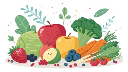 A vibrant collection of fresh fruits and vegetables, including apples, berries, carrots, and broccoli, symbolizing healthy eating and a balanced diet.