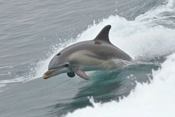 Fototapeta premium Dolphin leaps gracefully above ocean waves near coastal waters during daytime