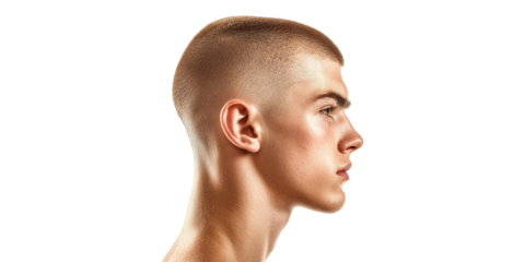 Profile view of young male with buzz cut hairstyle isolated on transparent background