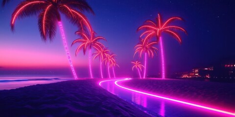 Fototapeta premium Vibrant neon palm trees along a serene beach at twilight.