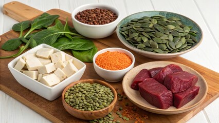 Fototapeta premium A Collection of Nutritious Foods Rich in Protein and Essential Nutrients for a Balanced Diet