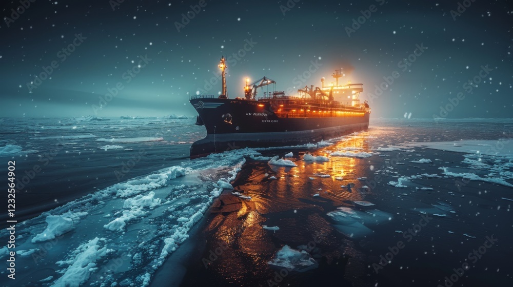 Poster an icebreaker ship moves through frozen waters, illuminated by bright lights, creating reflections o