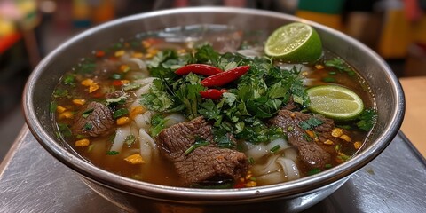 Delicious Vietnamese Ph&aacute;&raquo;&Yuml; Soup with Beef Chunks Aromatic Herbs Fresh Lime Red Chili Rich Broth Noodles Culinary Delight Authentic Southeast Asian Cuisine