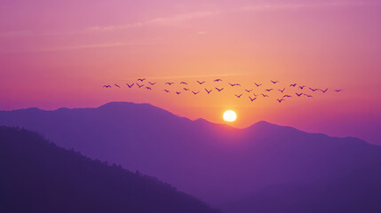 A mesmerizing sky filled with soft hues of violet and orange, the silhouette of a distant mountain range in the background