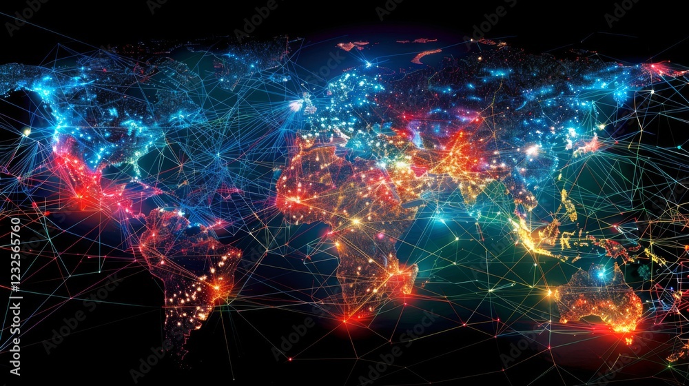 Fototapete a colorful illustration showcases a world map filled with bright lines connecting various cities, sy