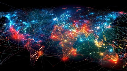 A colorful illustration showcases a world map filled with bright lines connecting various cities, symbolizing global connectivity and the exchange of information in real time.