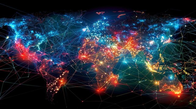 A colorful illustration showcases a world map filled with bright lines connecting various cities, symbolizing global connectivity and the exchange of information in real time.